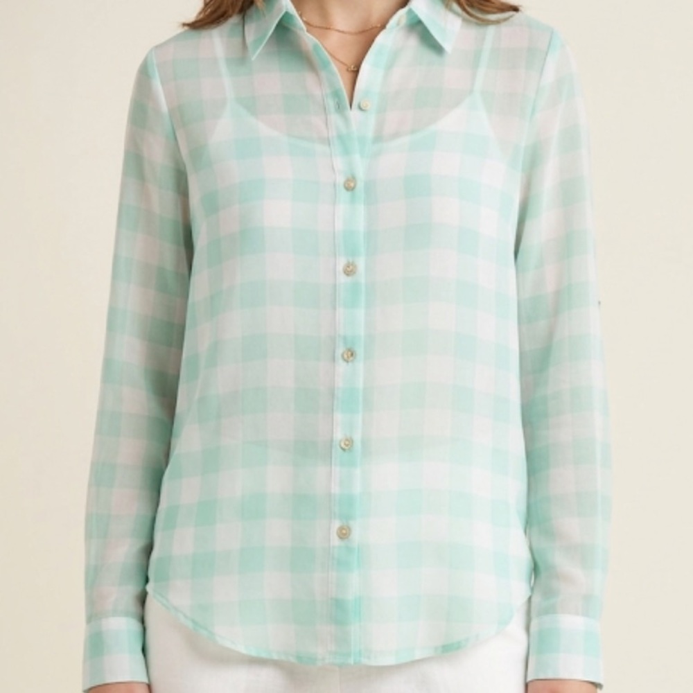 Mint Green Gingham Checkered Button Up Blouse Shirt Medium Boho Pastel
